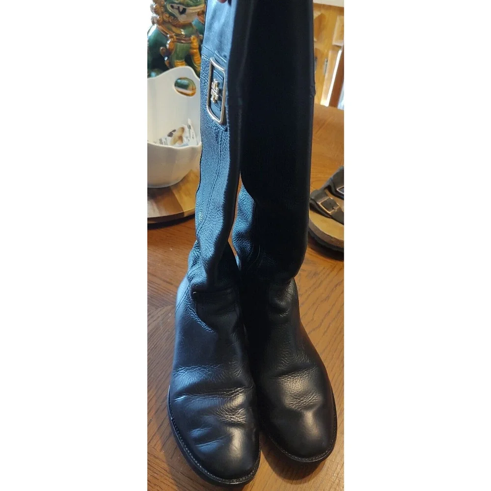 TORY BURCH Julian Black Leather Riding Boots Size 6.5 Gold Emblem EUC‎